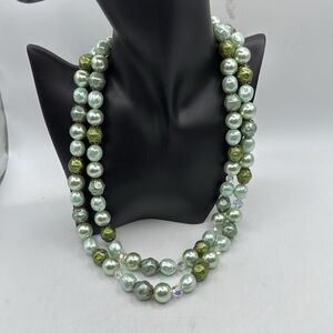 Elegant Green Blue Faux Pearl Beaded Layer Two Strand Necklace Statement Chunky